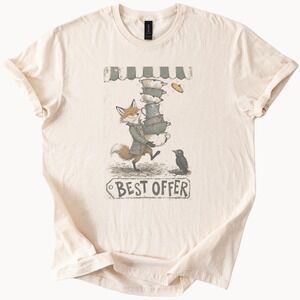 Fox with Cooking Pots Graphic Tee Vintage Whimsical Art Natural